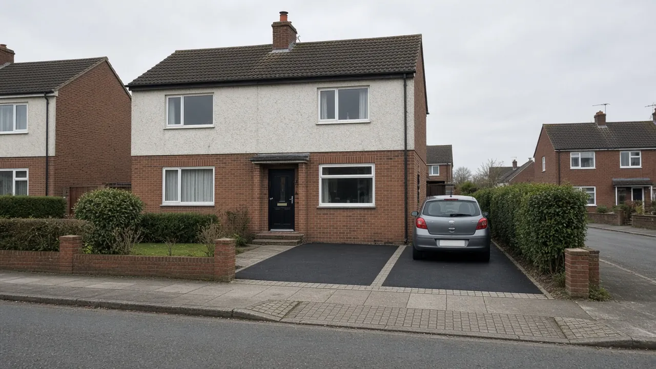 Black tarmac driveway with a block-paved kerb crossing in front of a pebble-dashed semi